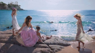 Женщина,  море, лето  художника Висенте Ромеро Редондо.Картины  Vicente Romero Redonto.