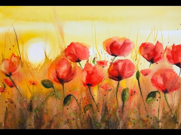 Watercolor Field of Poppies Painting